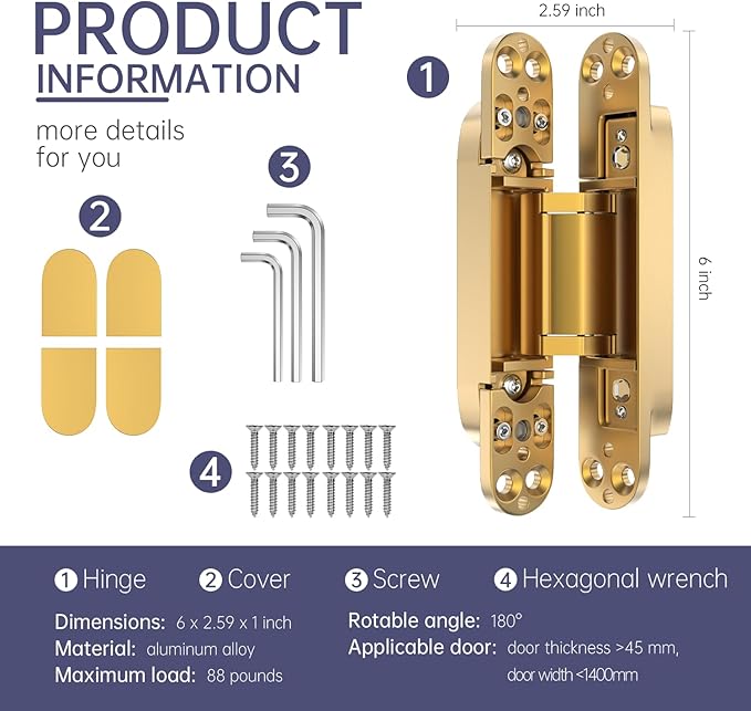 6" 2 pcs Hidden Hinges for Doors Invisible Hinges Concealed Zinc Alloy 180 Degree Swing 3 Way Adjustable Butt Silent Door Hinge 6 x 2.5 x 1 inch (Gold)