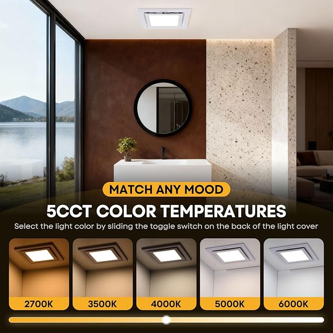 Bathroom Exhaust Fan with Light 12" Ultra Quiet 1.0 Sones,1200LM, 5CCT, Exhaust Fan Mounting Opening 10"x10" in 140CFM Bathroom Fan with Light Ceiling Mount for Home, Bath, Office