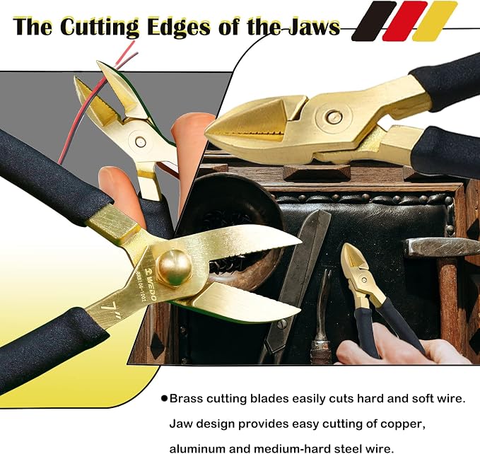 WEDO 3-Piece Brass Pliers Set - Non-Slip Handle, 8" Snipe Nose, 8" Slip Joint, 7" Diagonal Cutting