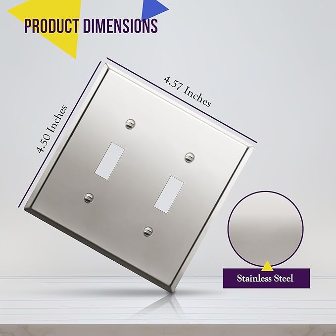 ENERLITES Toggle Light Switch Metal Wall Plate, Stainless Steel 201, Corrosion Resistant, Size 2-Gang 4.50" x 4.57", 7712-PC, Polished Chrome, Silver (Pack of 1)