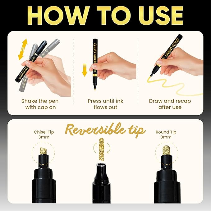 3PK Permanent Mirror Chrome Gold Markers – Metallic Gold Paint Pens for Metal, Plastic, Fabric, Jewelry, Model Painting, Touch-Up and Repair Kit, Set of 3 Tips (0.7mm, 1mm, 3mm)