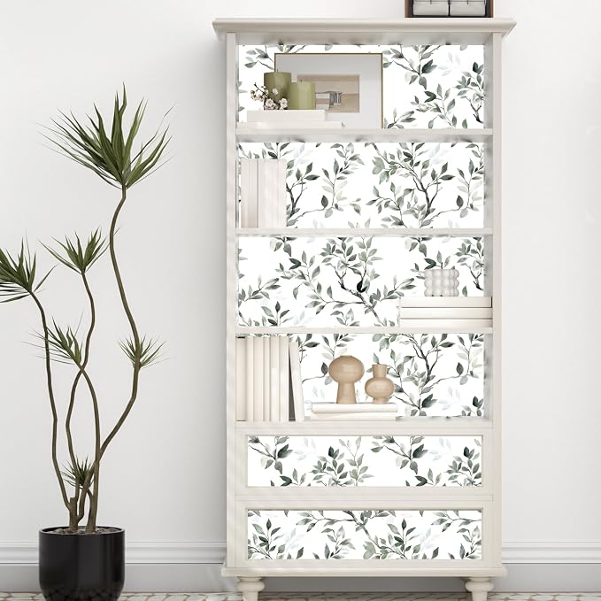 ILHIIOR White Floral Peel and Stick Wallpaper Boho Leaf Contact Paper Green Leaf Removable Self Adhesive Waterproof Wall Paper for Cabinet Drawers Wall Decor Renter Friendly 17.5''x393''