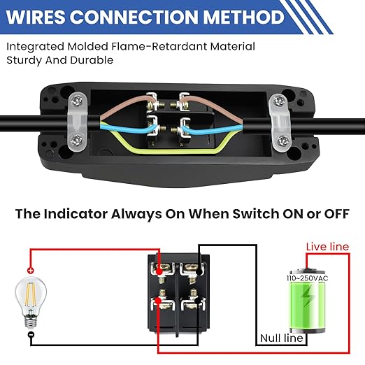 16A 220V Inline Cord Switch, On/Off Rocker Appliance Switch with LED Light, Waterproof Inline for High Power Lamps, Industrial Equipment & Home Appliances