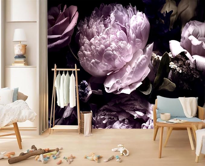 YIHWM-Peel and Stick Purple Flowers Wallpaper Dark Peony Floral Wall Mural | Tear-resistant,with a substantial feel;Will not be damaged during repositioning.Bathroom,Bedroom wallpaper.S-80"x58"