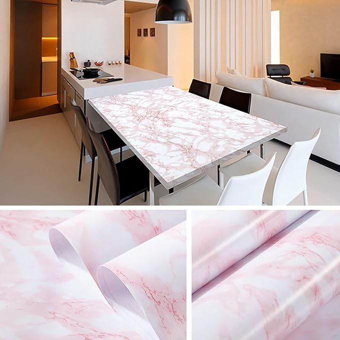 practicalWs 15.7 in x 236.2 in Self-Adhesive White Pink Marble Removable Wallpaper Decor Decals Decoration Textured Panel Table Countertops Cabinets Drawer Shelf Wall Crafts Wall Paper Decorations
