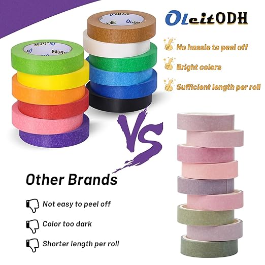 Oleitodh 6 Rolls Colored Masking Tape-1 inch x 330 Yards Painters Tape, Rainbow Colors Rolls Bulk Kids Colorful Paper Marking Tape Decorative Arts Crafts Labeling DIY School Classroom Supplies