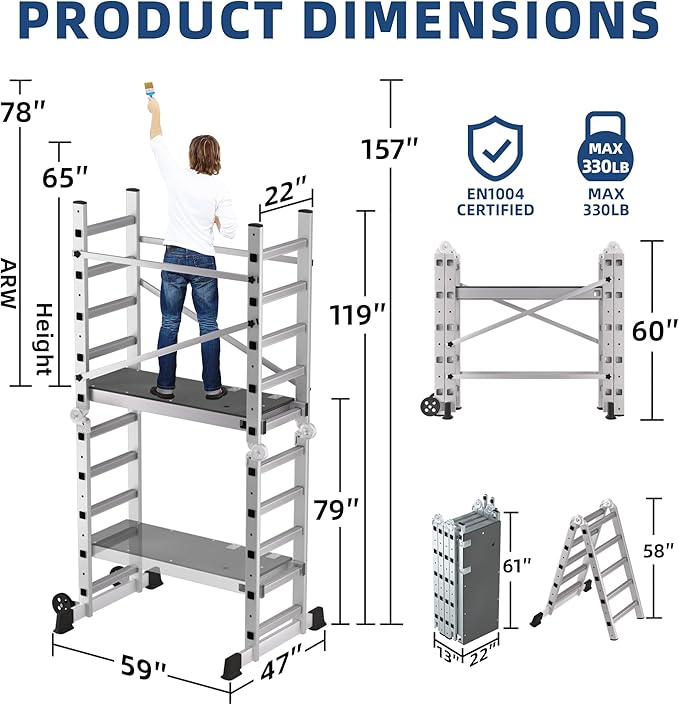 APARECIUM 10' Foldable Aluminum Scaffolding Ladder, Multipurpose Rolling Work Platform, Scaffold Tower, Ladder Stool Bench, Adjustable Platform, 330 Lbs Duty Rate