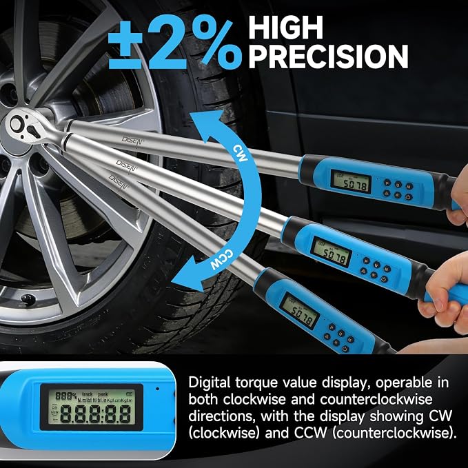 DISEN 1/2" Digital Torque Wrench 17-340Nm 4 Mode Alert 5 Unit ±2% Accuracy | Chrome vanadium steel | Adjustable torque limits | LED display | Buzzer notification | For automotive motorcycle bike