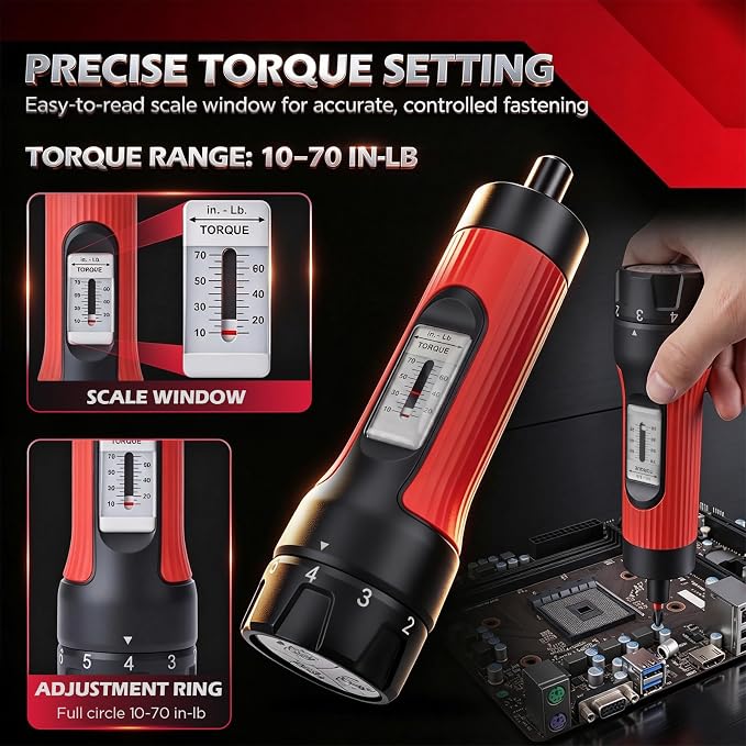 Torque Screwdriver 10-70 in-lb, 45-Piece 1/4" Drive Set with 24 S2 Steel Bits, 20 CR-V Magnetic SAE and Metric Nut Drivers, Storage Case, Inch Pound Torque Wrench for Automotive, Bike and DIY Repair