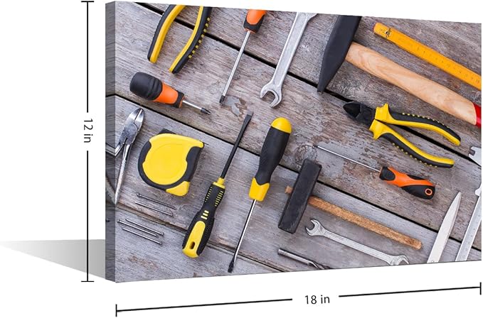Various Tools for Working in the Workshop Picture 1 Panels Canvas Wall Art Bedroom Wrench Tape Measure Tape Glove Poster Framed Artwork for Farmhouse Living Room Wall Decor (12" Wx18 H)