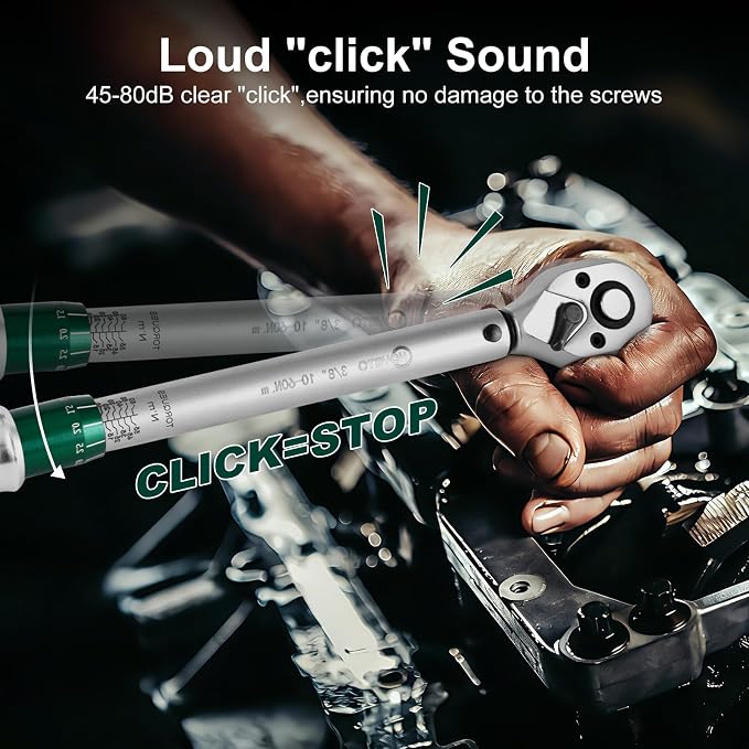 3/8" Drive 1Pc Click Torque Wrench Set, 7.38-44.25 ft.lb / 10-60 Nm | ±3% High Precision 72-Tooth Reversible Cr-V Tool for Auto, Motorcycle & Bicycle Repair with Storage Case