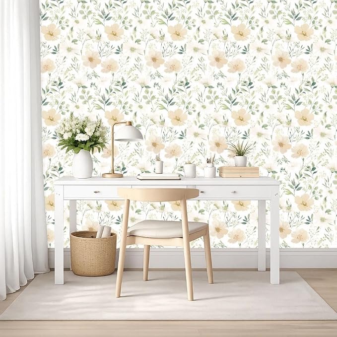 Floral Peel and Stick Wallpaper 17.7in x 393.7in | Watercolor flower removable self adhesive design for cottagecore bedroom accent walls