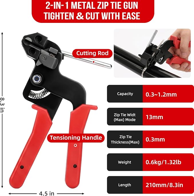 Metal Zip Ties Gun Set, 200Pcs Stainless Steel Cable Ties, Red | Heavy Duty Stainless Steel Cable Tie Gun Kit with 8 inch & 12 Inch Zip Ties for Chain Link Fence, Chicken Coop, Exhaust Pipes