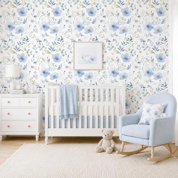 Light Blue Floral Peel and Stick Wallpaper, 17.7in x 118in | Self-adhesive and removable watercolor flower design for bedroom, living room, and accent wall