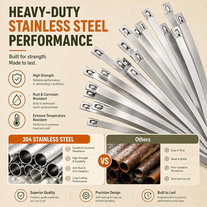 150Pcs Metal Zip Ties Gun Kit, Silver 8/12/16in Stainless Steel Zip Ties, Heavy Duty Cable Tie Fastening Cutting Tool Set for Fence, Exhaust Wrap