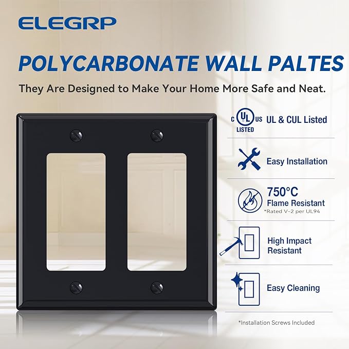 ELEGRP 2-Gang Decorative Wall Plates, Standard Size 4.53" H x 4.57" L Unbreakable Thermoplastic Faceplate Cover for Decorator Receptacle Outlet Switch, UL Listed (1 Pack, Glossy Black)