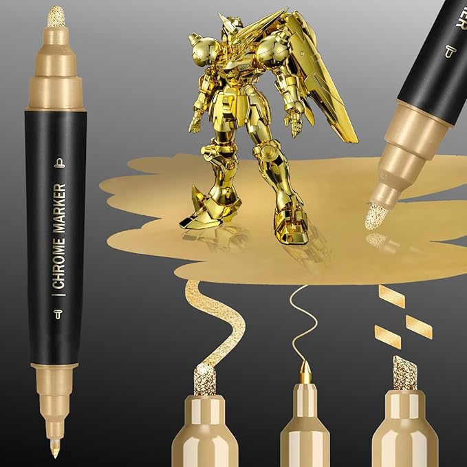 1PK Dual Tip Permanent Mirror Chrome Gold Marker – Metallic Gold Paint Pen for Metal, Plastic, Fabric, Jewelry, Model Painting, Touch-Up & Repair Kit, 2 Tips (0.7mm & 3mm Reversible Tip)