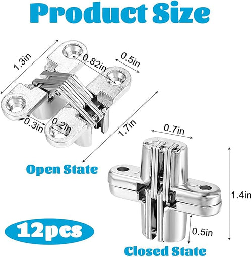 12 Packs Hidden Hinges for Cabinet Doors, 1-3/4" Stainless Steel Hidden Hinges, 180 Degree Invisible Hinge, Cross Concealed Hingesfor Cabinet, Folding Door, Folding Table and Cupboard
