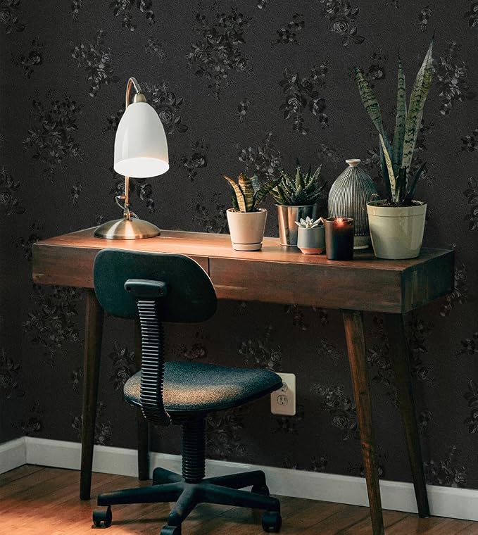 Black Peel and Stick Wallpaper Silk Embossed Floral 787.4in17.7in | Textured Thicken Self Adhesive,Waterproof Contact Paper for Cabinets,Bedroom Bathroom Wall Decor,Renter Friendly,Easy Removal
