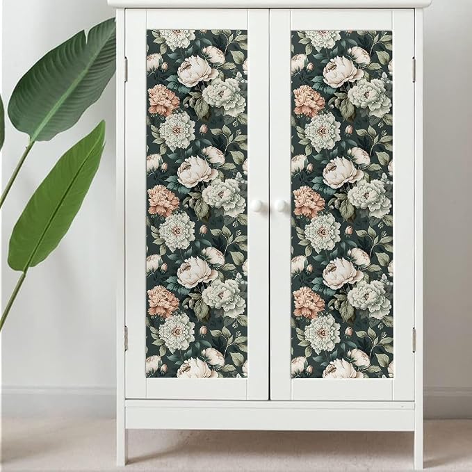 Dark Green White Peonies Vintage Floral Peel and Stick Wallpaper Wall Decor Self Adhesive Wall Paper Stick on Easy Peel Off Contact for Renter Apartment