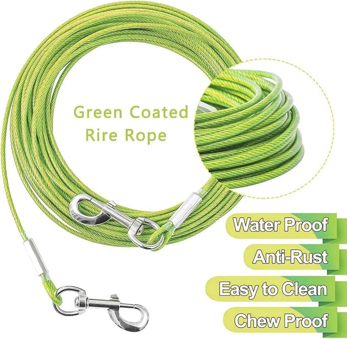 Tie Out Cable for Dogs,10/20/30/50/100FT Dog Leads for Yard Chew Proof,Heavy Duty Tie Out Cable for Large Dogs Up to 125lbs,Dog Runner Tether (Green, 125Ibs 150ft)