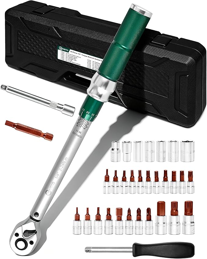 1/4" Drive 33Pcs Click Torque Wrench Set, 2-24 Nm | ±3% High Precision 72-Tooth Reversible Cr-V Tool for Auto, Motorcycle & Bicycle Repair with Storage Case