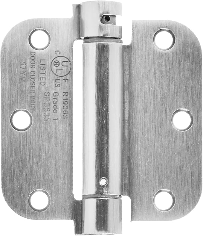 Amazon Basics Self-Closing Door Hinge, 3.5 Inch x 3.5 Inch, 5/8-Inch Radius, Satin Nickel, 1-Piece, Hardware Included