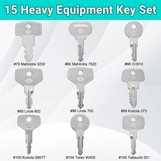 15PCS Multi Types Heavy Equipment Key Set Construction Master Equipment Set for Mahindra 3200 CH510 Linde 702 802 JCB 14607 CAT 5P8500 Takeuchi 201 Kubota 373 S8077 JD COM Volvo Laser Terex WA05