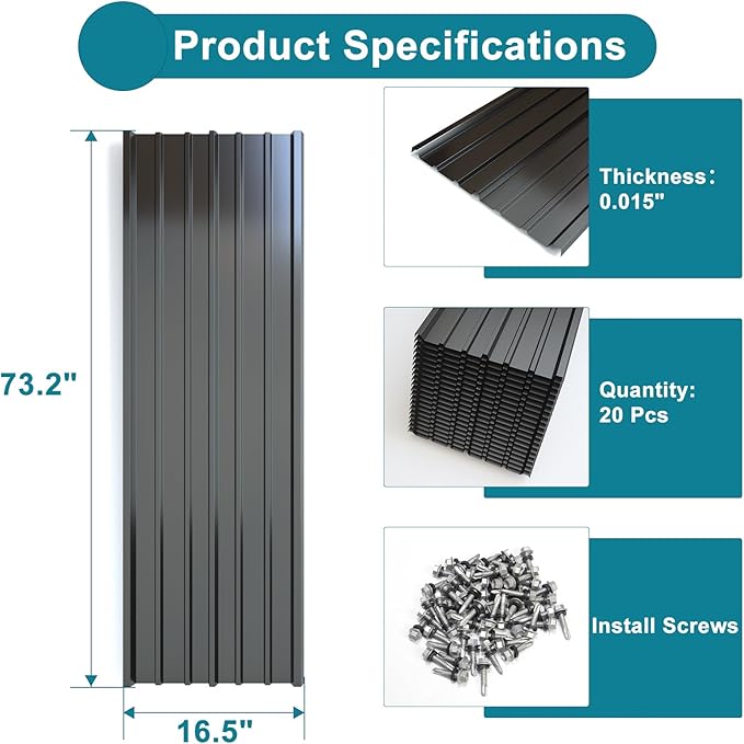 NeatiEase 20 Pcs Metal Roofing Panels, 6.1 Feet Corrugated Galvanized Roofing Panels Metal Siding Panels with Steel Screws for Pergola, Gazebo, Shed, Outdoor Storage, Chicken Coop,Garages (Black)