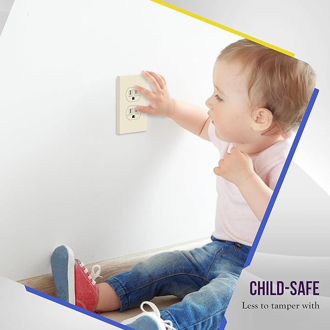 ENERLITES Screwless Duplex Wall Plate, Child Safe Receptacle Outlet Cover, Standard Size, 1-Gang 4.68" x 2.93", Unbreakable Polycarbonate Thermoplastic, UL Listed, SI8821-LA, Glossy, Light Almond