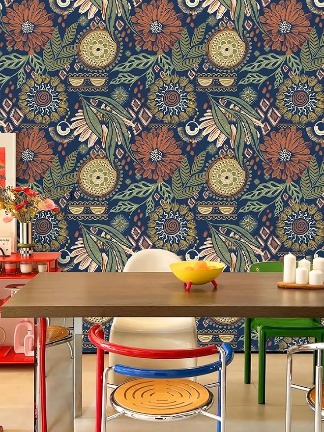 HAOKHOME Peel and Stick Wallpaper Boho Retro Floral Wall Paper Navy Orange Oliva for Bedroom Kitchen Accent Wall 17.3in x 9.8ft