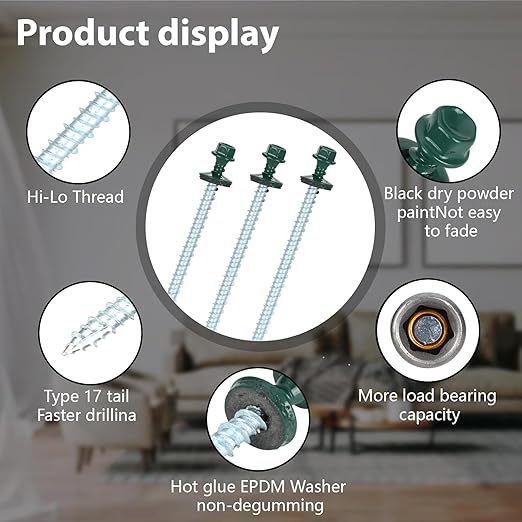 Metal Roofing Screws 10 x 3 inch, Green Hex Head Sheet Metal Roof Screw with EPDM Washer for Corrugated Roofing (250Pcs)