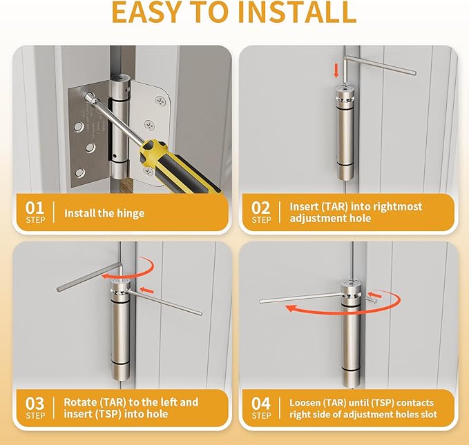 Luxbaro 4 Pack Self Closing Door Hinges, 4 Inch Spring Loaded Hinges with Square & 5/8'' Radius Corners, Adjustable Tension for Garage, Front Door, for Left and Right Hand Door, UL Listed