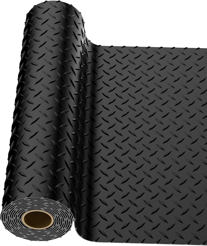 4x15 FT Garage Floor Mat, 2.8mm Thickened PVC Flooring Roll for Under Car, Golf Cart Parking Mat, Diamond Plate Black Motorcycle Mat for Warehouse, Basement, Gyms, Trailer（Included Tapes）