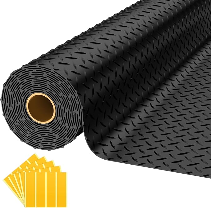 8x25 FT Garage Floor Mat, 2.8mm Thickened PVC Flooring Roll for Under Car, 200 SQFT Diamond Plate Black Garage Mats for Garage, Warehouse, Basement, Gyms, Trailer（Included Tapes）
