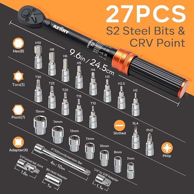 Kerry 1/4 Inch Drive Bike Torque Wrench Set, 20-240 in-lb, 27-Piece | ±3% Accuracy, Dual Scale, Click Feedback, 72-Tooth Reversible Ratchet Head and Complete Accessory Set for Bicycle Maintenance