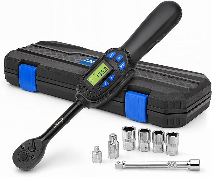 DISEN 8PCS 3/8" Digital Torque Wrench 6.8-135 N.m 5 Sockets Adapters Kit | 5-99.6 Ft.lb | ±2% accuracy | 72-tooth reversible ratchet | 2 modes & 5 units | LED/buzzer alert | Auto, motorcycle, bike