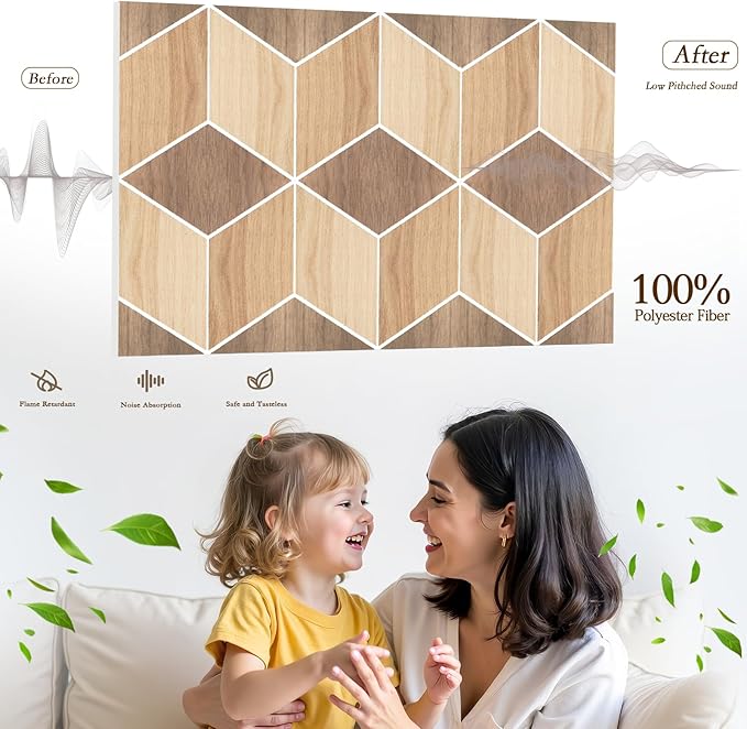 12Pack Acoustic Panels, Self-Adhesive Sound Proof Panels for Walls, Decorative Wood Grain Printing Sound Dampening Panel Sound Absorption Tile for Studio, Office, Home, 12×12×0.4", Light Walnut Grain