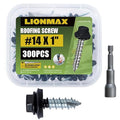 LIONMAX Metal Roofing Screws #14 x 1 Inch, 300-PCS, Black Painted Hex Head Sheet Metal Screw with Rubber Washer, Sharp Point, for Roofing and Siding, Hex Socket Included