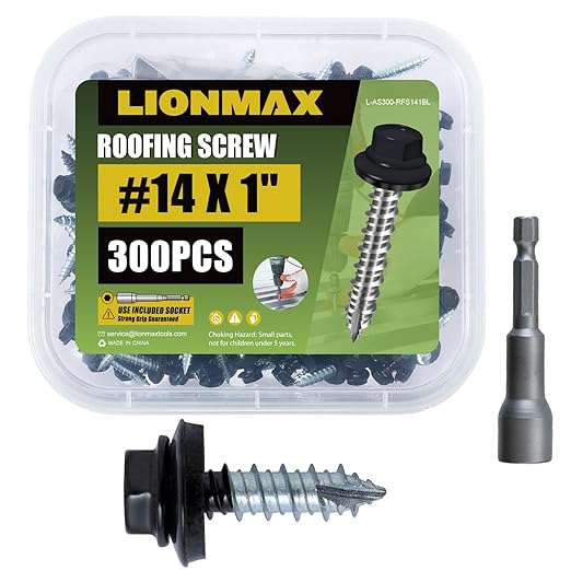 LIONMAX Metal Roofing Screws #14 x 1 Inch, 300-PCS, Black Painted Hex Head Sheet Metal Screw with Rubber Washer, Sharp Point, for Roofing and Siding, Hex Socket Included