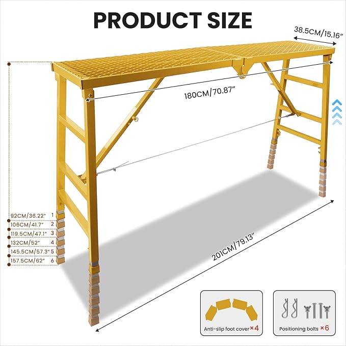 Foldable Scaffolding Platform, 70.8x15.2x36.2-62 Inch Portable Work Platform, 770 Lbs Capacity, Adjustable Height Industrial Step Ladders, Ideal for Painting, Wiring and Home Decor, Yellow