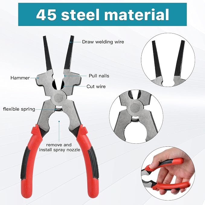 4-Piece Welding Slag Removal Tool Set - 10 Inch Chipping Hammer with Coil Spring Handle, Multi-Functional Pliers, Wire Brush, Welding Gloves