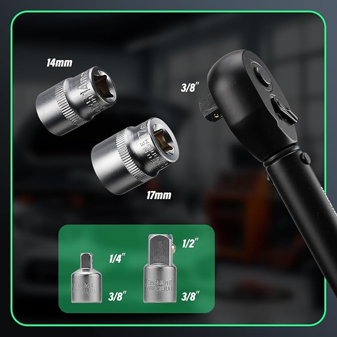 9Pcs Spark Plug Socket Set 3/8" 5-45Ft.lb Torque Wrench with Universal Spark Plug Socket, 1/2 and 1/4 Adapters and Extension Rod