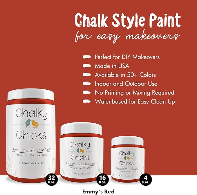 Chalky Chicks All-in-One Chalk Paint for Furniture or Cabinet - 16Fl Oz - Matte Finish Emmy's Red (Orange Red) for Metal, Wood Furniture Paint - No Sanding All-in-One for Home Decor & Crafts, USA Made