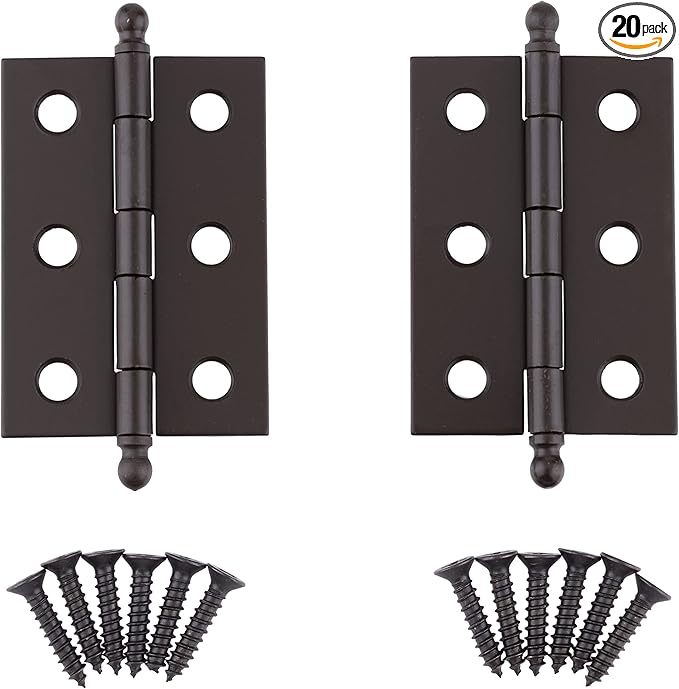 Oil Rubbed Bronze Plated Butt Hinges with Ball Finials | 2" High x 1 3/8" Wide | Pack of 20 | Cabinet Door Hinges with Removable Pin | UA-221-HOB (10)