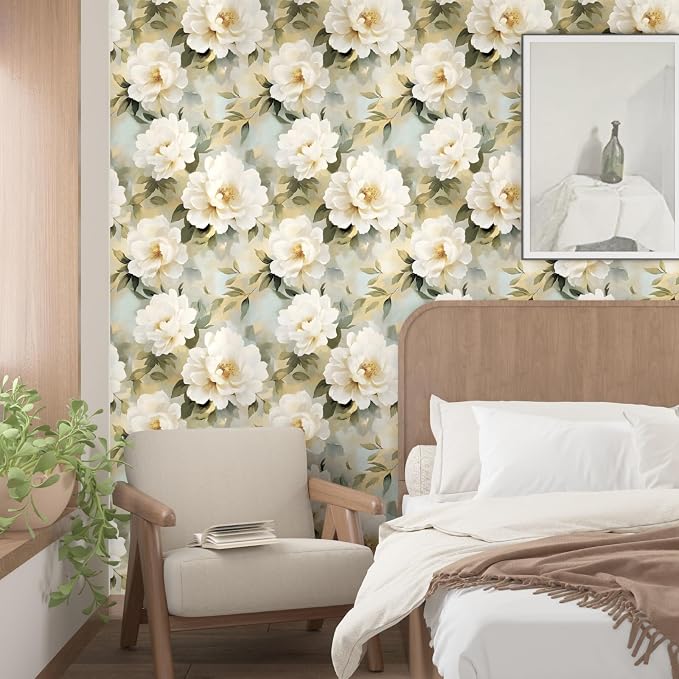 White Floral Wallpaper Peel and Stick,Beige/Green Peony Contact Paper,Oil Painting Watercolor Large Flower Wall Paper Self Adhesive Waterproof Removable for Bedroom Shelf Cabinet Drawer 17.5" x 118"