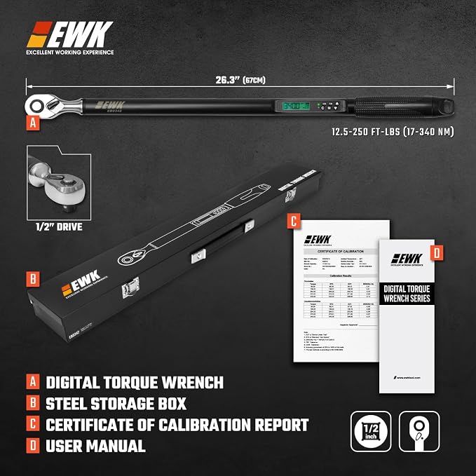 1/2" Drive Digital Torque Wrench 12.5-250 ft-lbs (17-340 Nm), High-Precision and Easy-to-Read, ±1.5% Accuracy for Car, Truck, Motorcycle & DIY Repairs | ISO 6789, ±1.5% clockwise / ±2.5% counterclockwise, LCD Display, LED Buzzer Vibration Alert, 30 Mem...