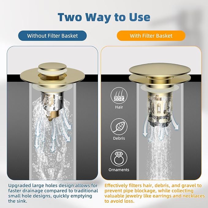 Hibbent Upgraded 3 in 1 Bathroom Sink Drain Strainer, Pop Up Sink Stopper with Big Push Cap, Anti-Clogging Metal Filter Basket,Sink Plug with Hair Catcher for 1.1''~2.36'' Basin, Brushed Gold