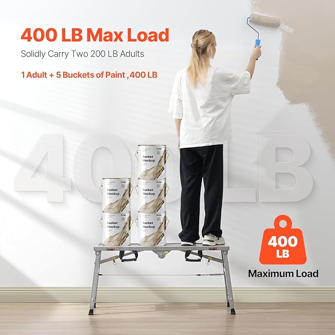 VEVOR Work Platform, 39"x 12" Portable Scaffolding Platform, Folding Steel Step Ladder Adjustable Height 19.7”-29.1”, 400 lbs Load Capacity, Non-Slip Drywall Painting Stool for Cleaning &Washing