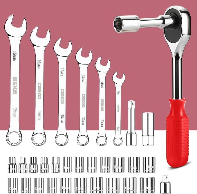 DEKOPRO Tool Set:228 Piece Home Tool Kit, Household Basic Repair Tool Set Comes with Plastic Storage Case, Socket Wrench Set for Car-Red